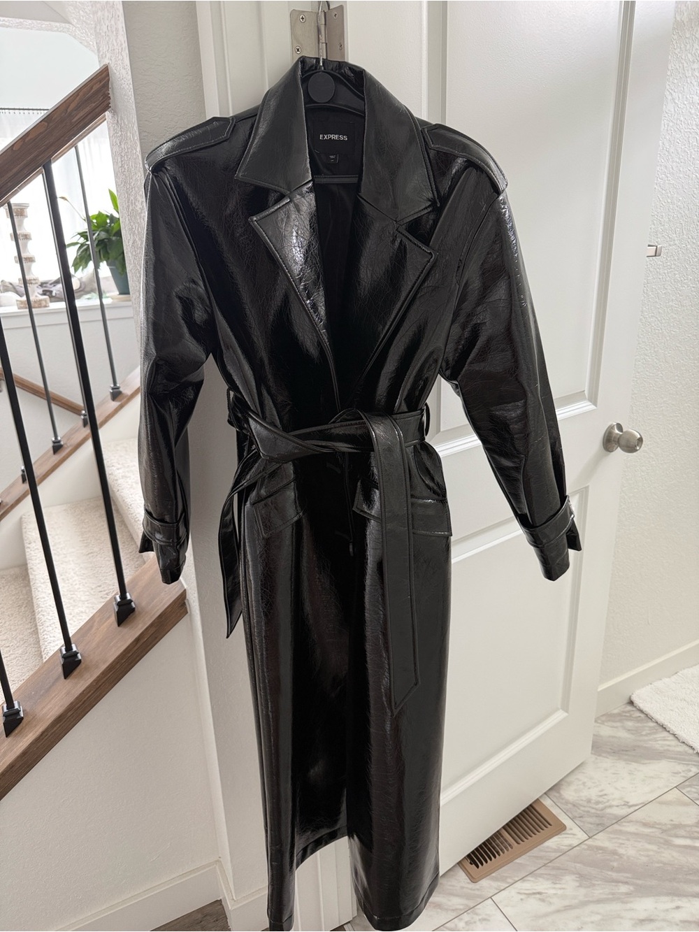 Express Black Patent Trench Coat with Belt